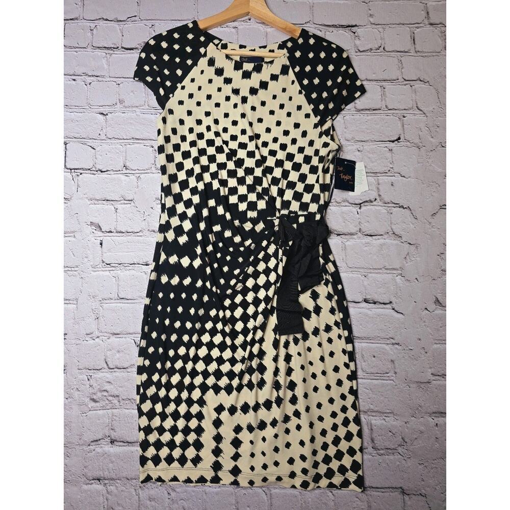 Just Taylor Black Tan Square Polka Dot Short Sleeve Tie Waist Detail Dress 8P